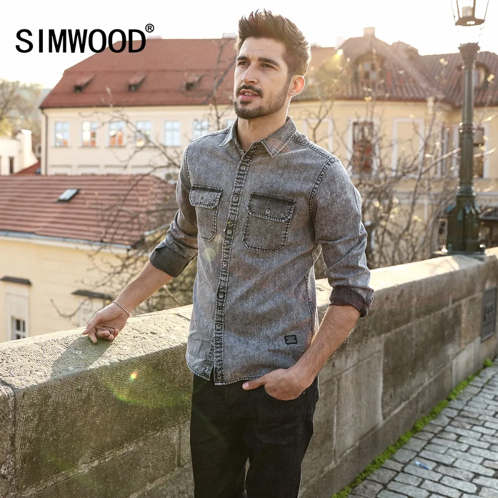 SIMWOOD 2019 Весенняя Новинка джинсовая рубашка мужская двойной карман Винтаж модные