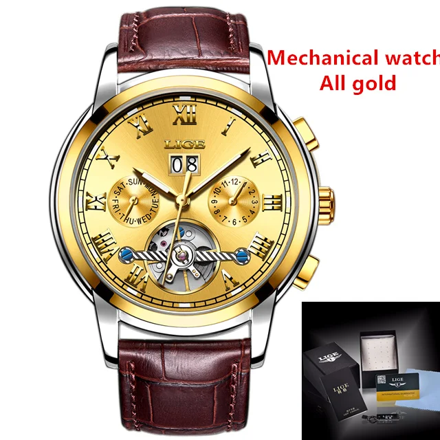 LIGE Роскошные брендовые автоматические механические часы, мужские кожаные водонепроницаемые деловые часы, мужские кварцевые часы, мужские часы - Цвет: leather all gold
