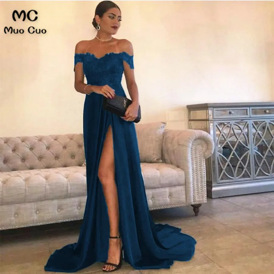 Sexy Leg Slit Long Satin Sweetheart Prom Dresses Lace Off The Shoulder Evening Gowns432