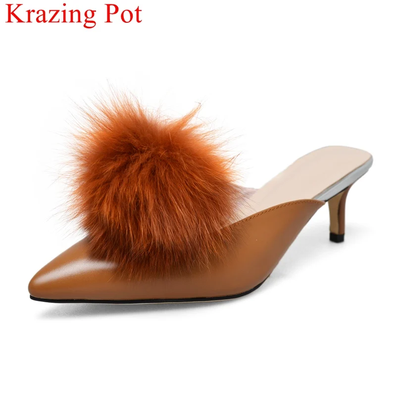 

2018 large size pointed toe high heels genuine leather women sandals slingback elegant fur slingback mules casual party shoe L59
