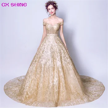 

CX SHINE Gold train Formal Evening dress off shoulder sequined navy blue wine dresses Bride ball gown Catwalk vestido de fiesta