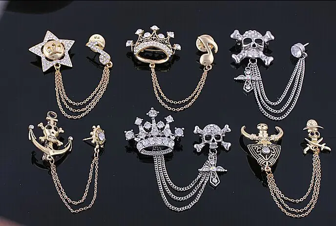

Crown skull cross angel wing music peacock brooch 2015 men suit lapel collar pin chain punk jewelry/strass broche/brosche/spilla