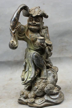 

Collectible bronze S1389 8" Chinese Refined Pure Bronze Copper Wealth Coin Toad Arhat Buddha Bowl Statue