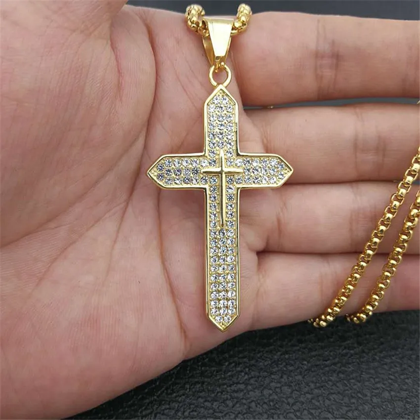 

Hip Hop Iced Out Bling Big Cross Pendants Necklaces For Men Stainless Steel Christian Jewelry Religious Dropshipping XL1136