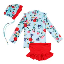 2020 夏の子供の女の子長袖水着フラミンゴ水着の女の子 1-11Y 3 個韓国セット水着(China)