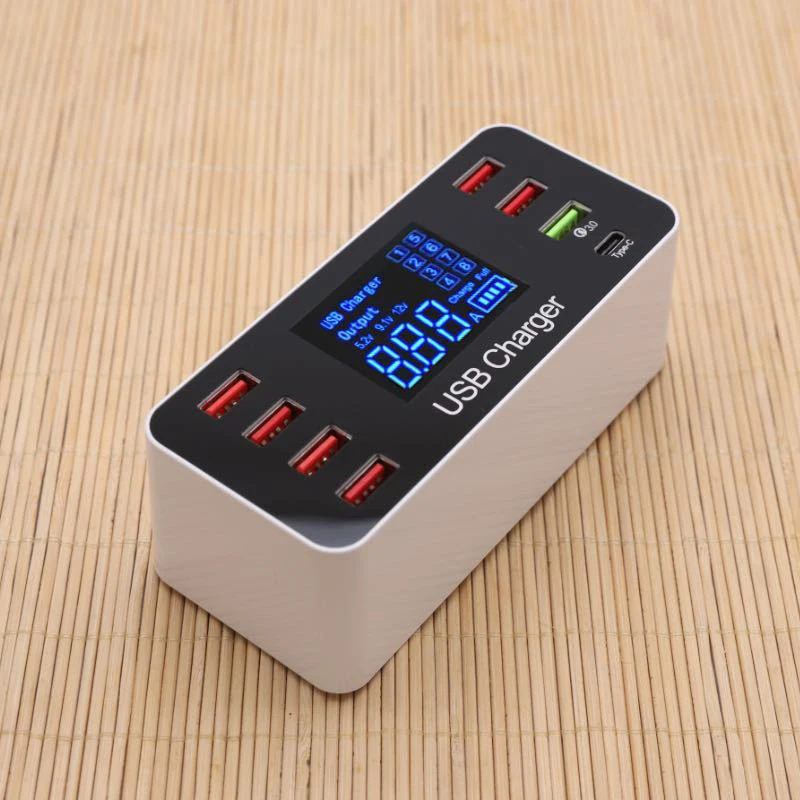 40W Type-C QC3.0 Smart USB Charger with LCD Display with 8 Power Ports for Mobile Phone and Tablets