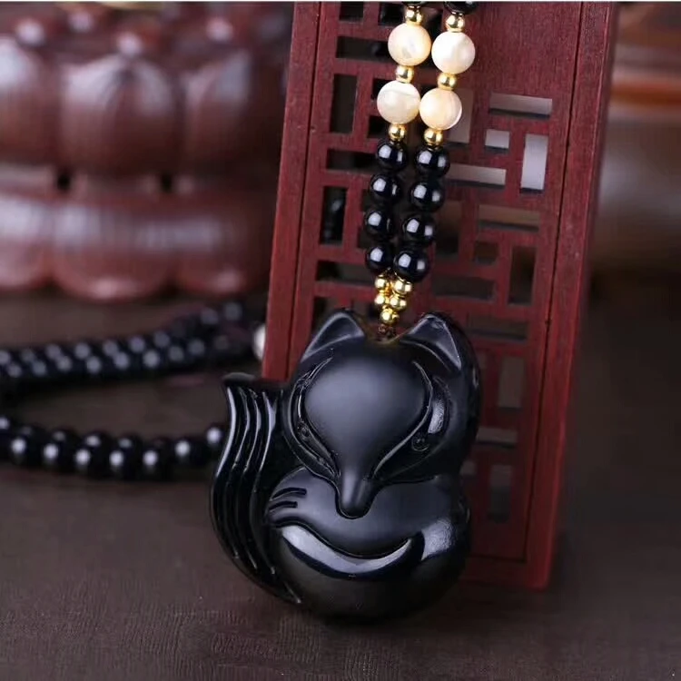 Genuine Natural Black Obsidian Gemstone Pendant Women Man Fox Shape Crystal Pendant 45x40x13mm AAAAA (1)