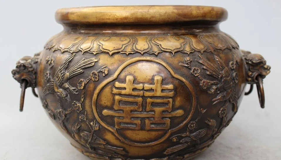 

8" Marked Chinese Dynasty palace Bronze circular Lion picapica Pot Jar Crock