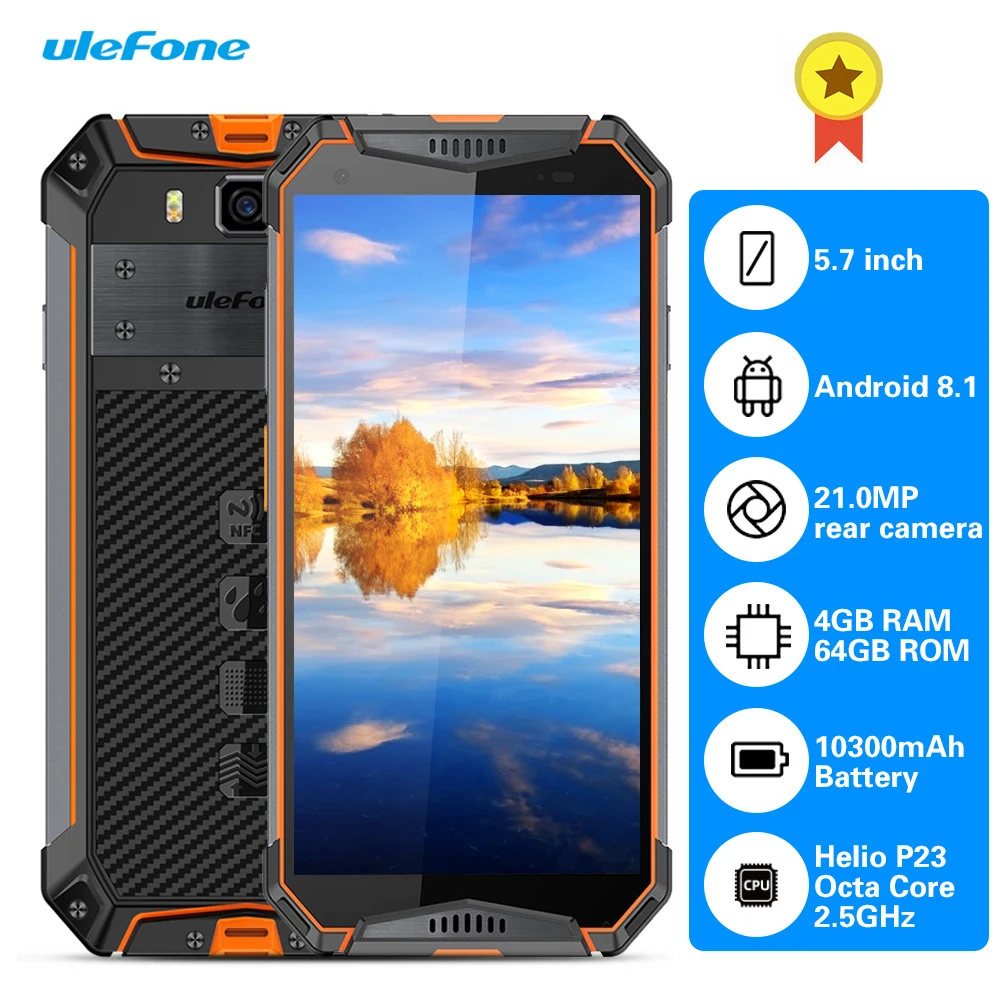 

Ulefone Armor 3 4G Phablet 5.7 inch Android 8.1 Octa Core 2.5GHz 4GB RAM 64GB ROM 21.0MP Rear Camera Fingerprint Sensor 10300mAh