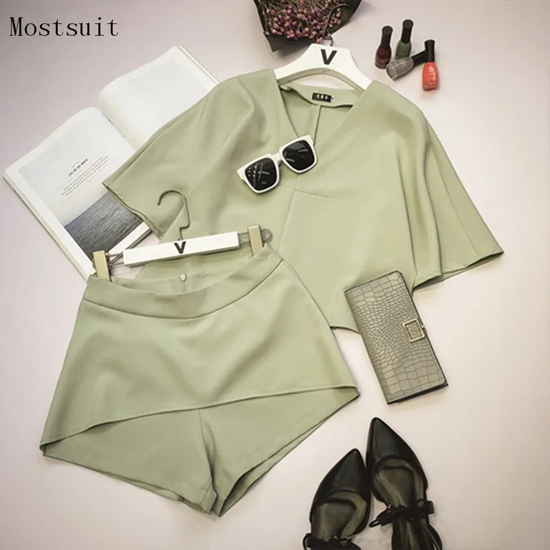 2018 женский летний v-образный вырез с коротким рукавом топы + шорты комплект из двух предметов женский офисный элегантный костюм M-3xl плюс