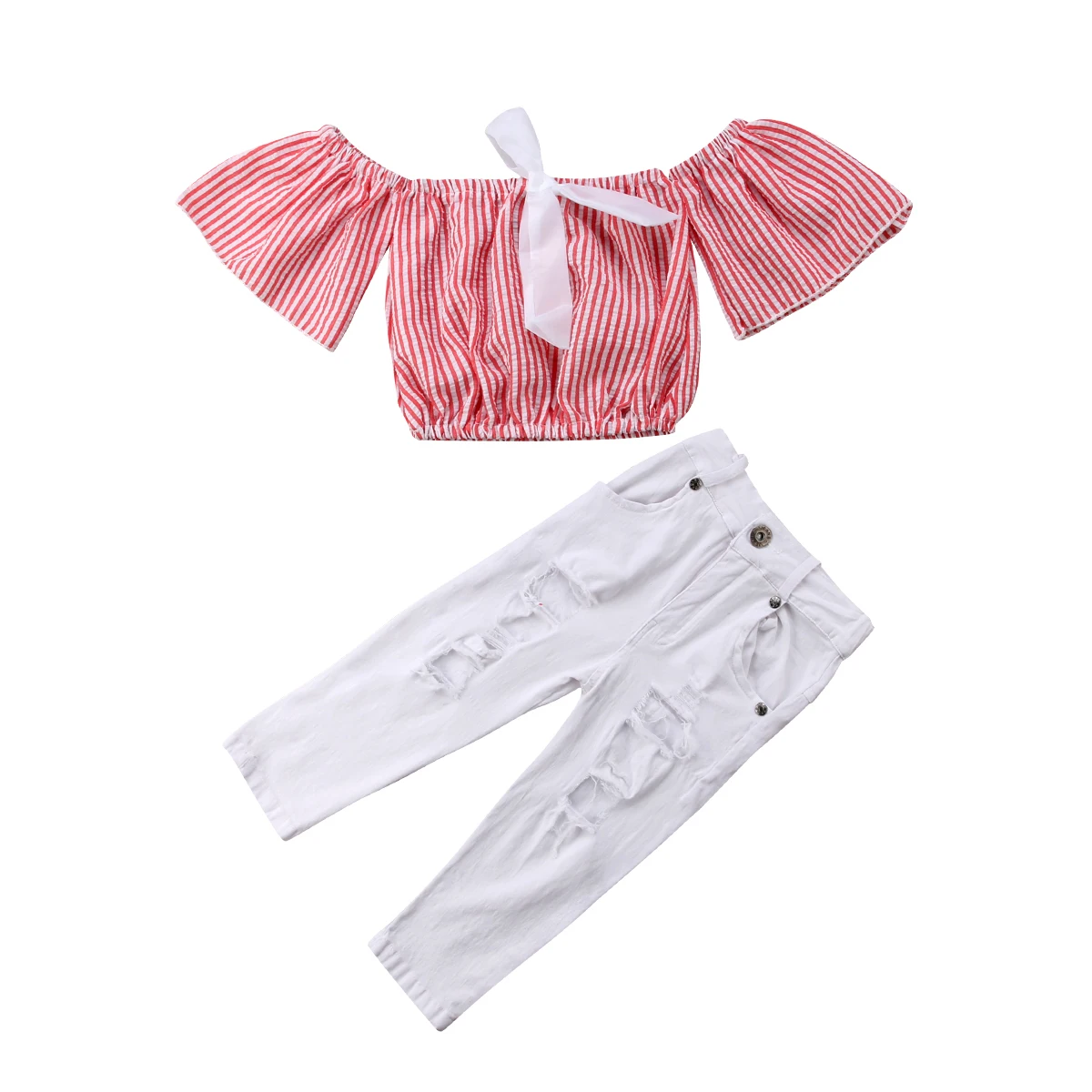 

Kids Baby Girls Clothing Sets Striped Off Shoulder Tops Vest Sleeveless Lace Holes Pants Outfits Casual Clothes Girl 1-6T