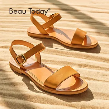 

Flat Sandals Women BeauToday Brand Genuine Cow Leather Slingback Buckle Strap Quality Summer Shoes Handmade 32040