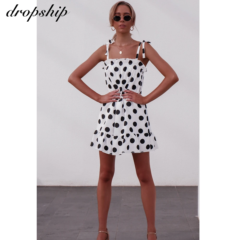 

Dropship Dress Summer Women Dresses Sexy Neon 2019 Beach Boho White Vestidos Sundress Min Dot Ruffles Spaghetti Strap Sleeveless