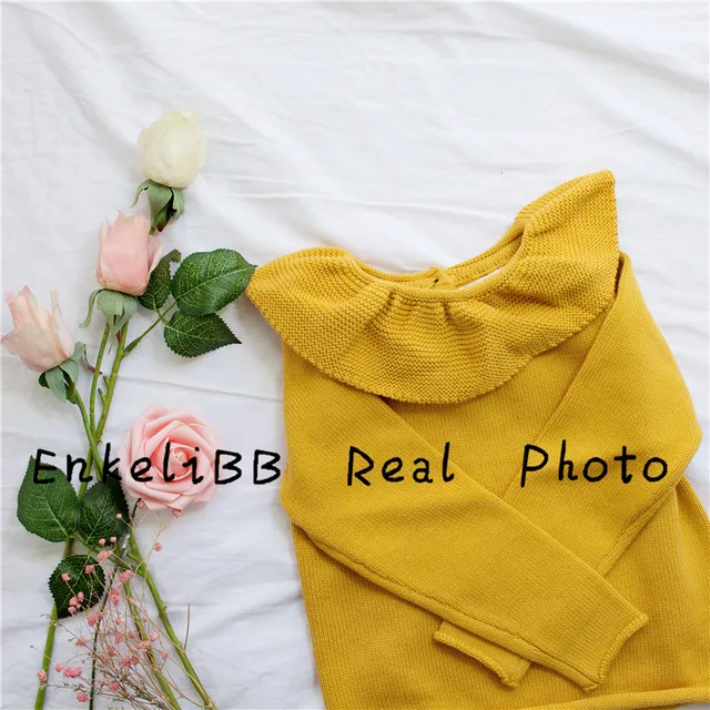 EnkeliBB Cute Solid Ruffle Collar Sweater Kid Winter Warm Sweater Toddler Girls Korea Style Long Sleeve Crochet Tops