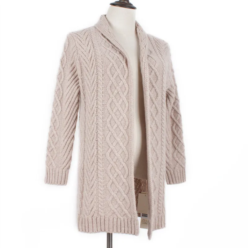  high grade 100%goat cashmere add thick twisted knit women's boutique cardigan sweater light tan 3co