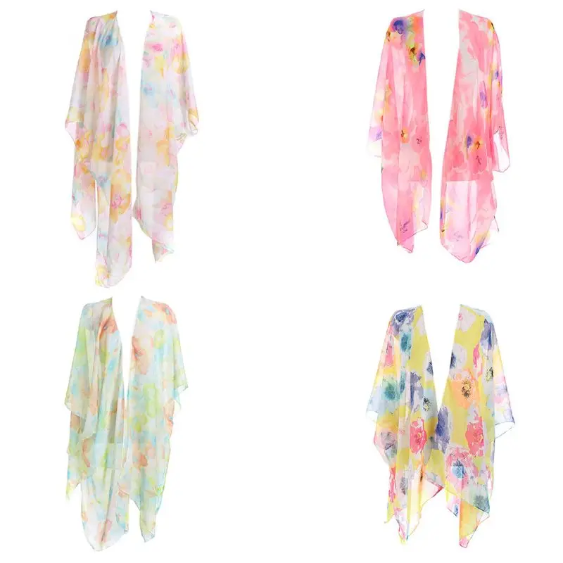 

Womens Summer 3/4 Sleeves Bikini Cover Up Bohemian Colored Floral Printed Asymmetric Hem Open Front Kimono Cardigan Top Side Spl