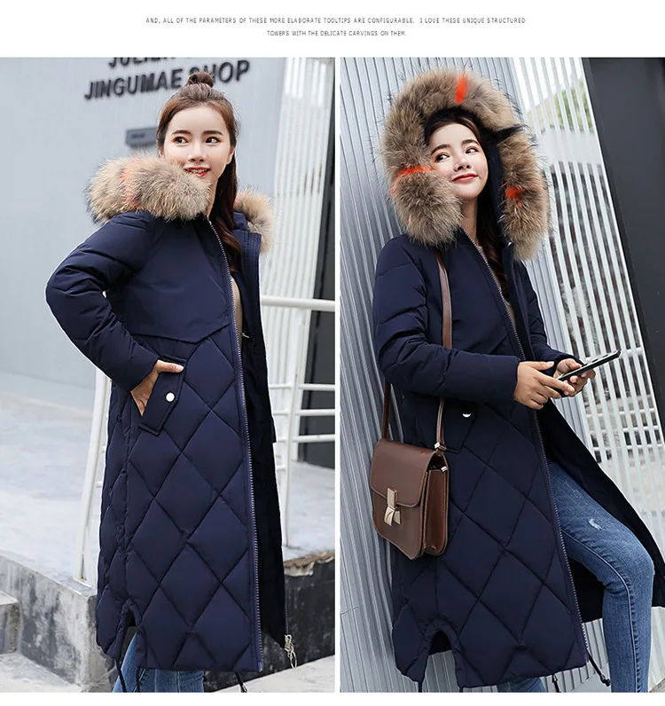 Новая мода, зимняя женская куртка, цветной большой меховой капюшон, толстая пуховая парка, Длинная женская куртка, пальто, тонкая теплая зимняя верхняя одежда