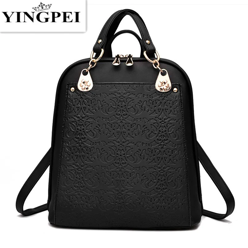 YINGPEI Leather Women font b Backpacks b font Fashion Brands Black Schoolbag font b Backpack b