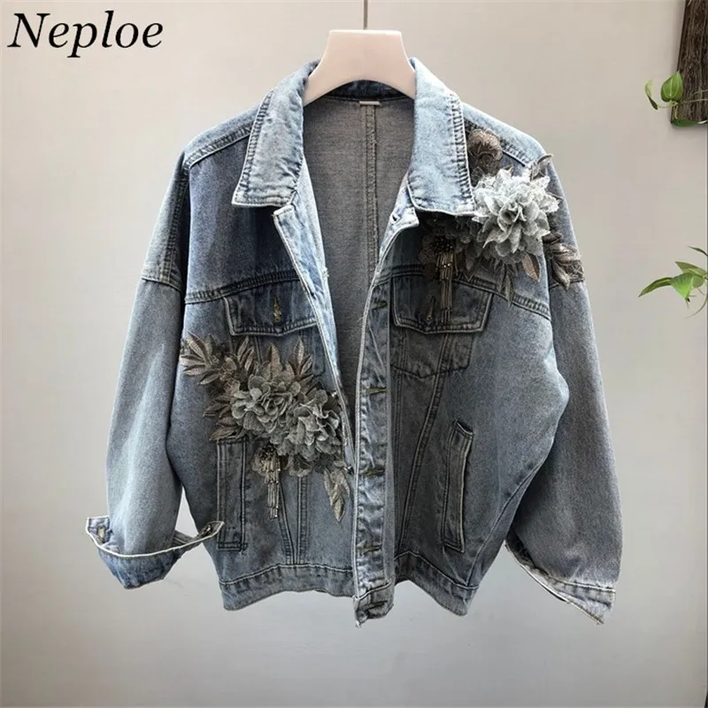 

Neploe Washed Jeans Coat 3D Appliques Demin Jacket Long Sleeve Fashion Outwear Tops New Single Breasted Women Clothes 37766
