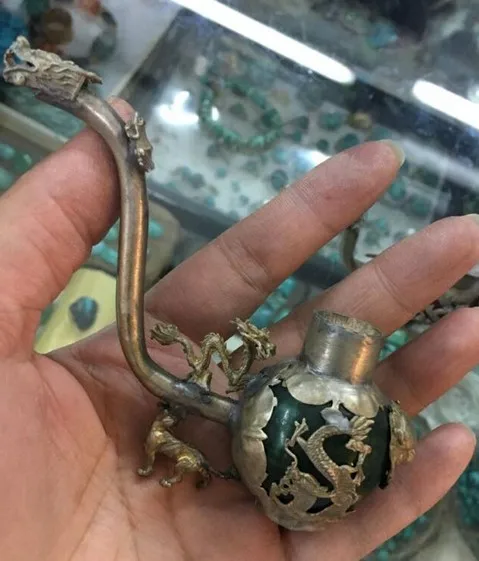 YM  308   Chinese Old Antiques Handmade Jade Copper Smoking PipE 2