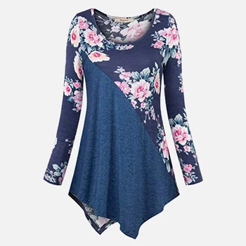 

Plus Size 5XL Floral Print Women's Tunic Blouse O-neck Long Sleeve Irregular Spring Womens Blouses Summer Loose Woman Tunics
