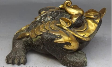 

JP S0077 10" Marked Chinese Bronze Gilt Coin Wealth Money Golden Toad Spittor Rich Statue B0403