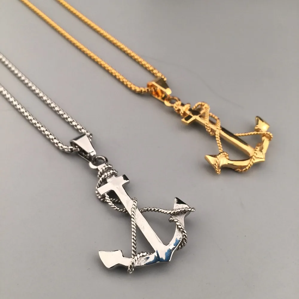 

Titanium Steel Anchor Pendant 70cm Boxing Link Chain Trendy Golden Sailor Charm Hip Hop Mens Jewelry