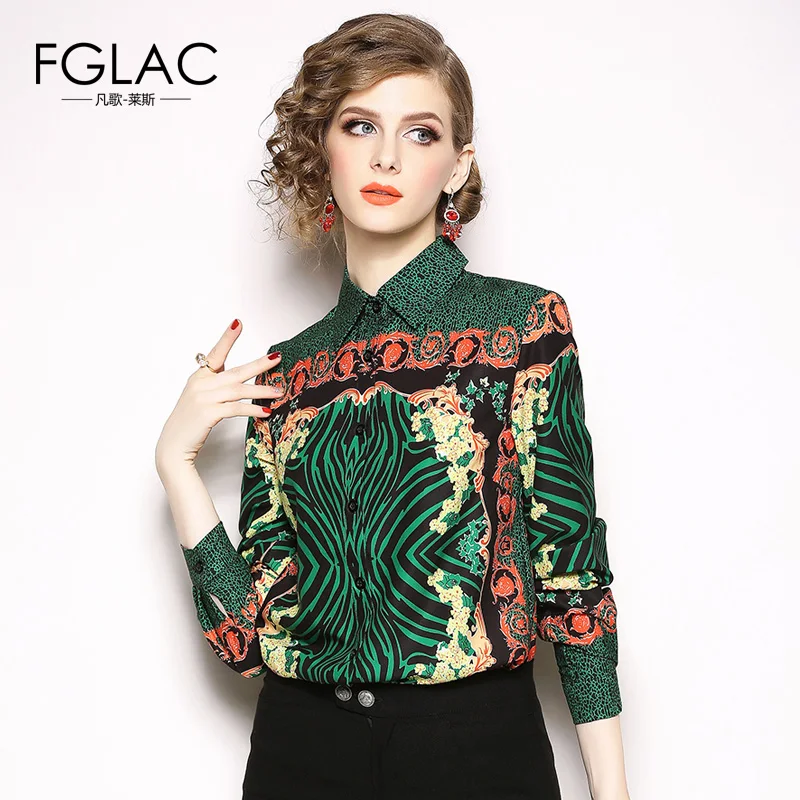 FGLAC женская рубашка с длинным рукавом с принтом модная повседневная Офисная Рабочая рубашка с отложным воротником Женская рубашка