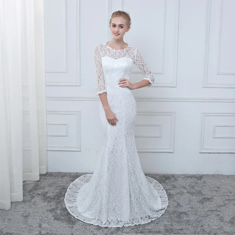 White Lace 3/4 Sleeves Mermaid Wedding Dress