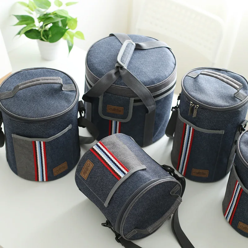 

Hot Sale Fashion Cylindrical Denim Lunch Bag Box Thermo Food Insulated Picnic Bag Kids Thermal Bag For Family Party