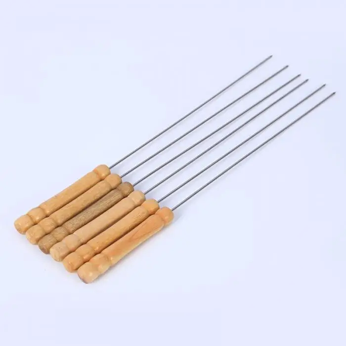 Stainless Steel BBQ Skewer Sticks Fruit Shish Kebab Meat Wood Handle Barbecue Sticks P7Ding