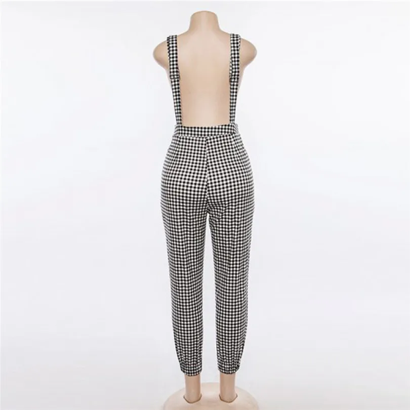  New Fashion Women Summer Sexy Sleeveless  Backless Dungarees Loose Plaid Long Playsuit Jumpsuit Pants Trousers #4F08 (5)