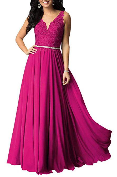 

2019 New Women's A Line V Neck Lace Bodice Chiffon Prom Dresses Long Formal Evening Gown Vestidos De Fiesta De Noche