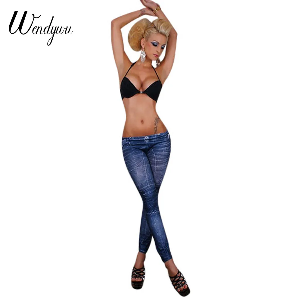 WENDYWU/Горячая распродажа; женская обувь сексуальная заниженной талией сплошной Blue stretch ботильоны-Длина деним Леггинсы для женщин