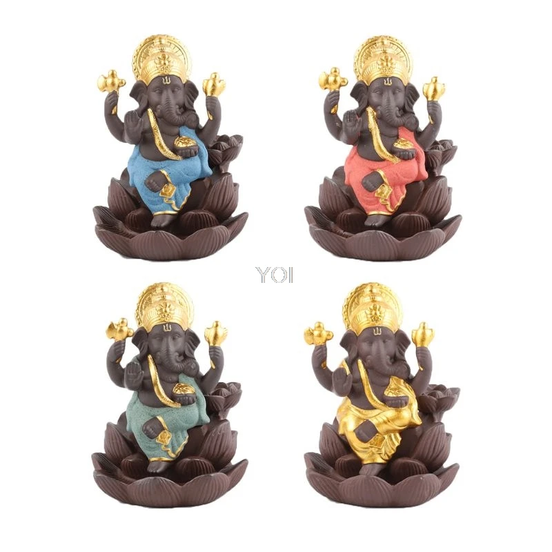 

Lotus India Ganesha Elephant God Buddhist Buddha Backflow Incense Burner Censer Stick Holder Home Decor Handicraft