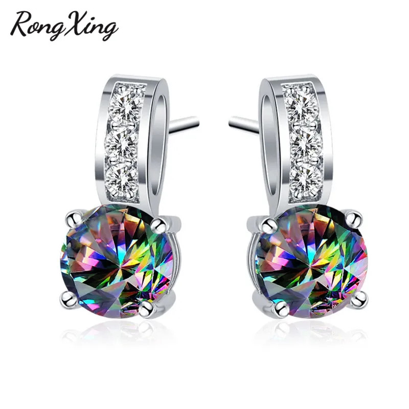 RongXing мистические радужные круглые серьги-гвоздики с кристаллами и цирконием, 925 серебро, наполненные разноцветными Фианитами, серьги для женщин, вечерние ювелирные изделия