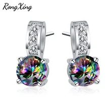 RongXing мистические радужные круглые серьги-гвоздики с кристаллами и цирконием, 925 серебро, наполненные разноцветными Фианитами, серьги для женщин, вечерние ювелирные изделия