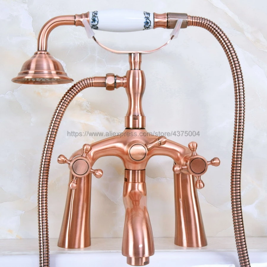 Antique Red Copper Bathtub Faucet Wall Mount Handheld Bath Tub Mixer System with Handshower Telephone Style Nna155