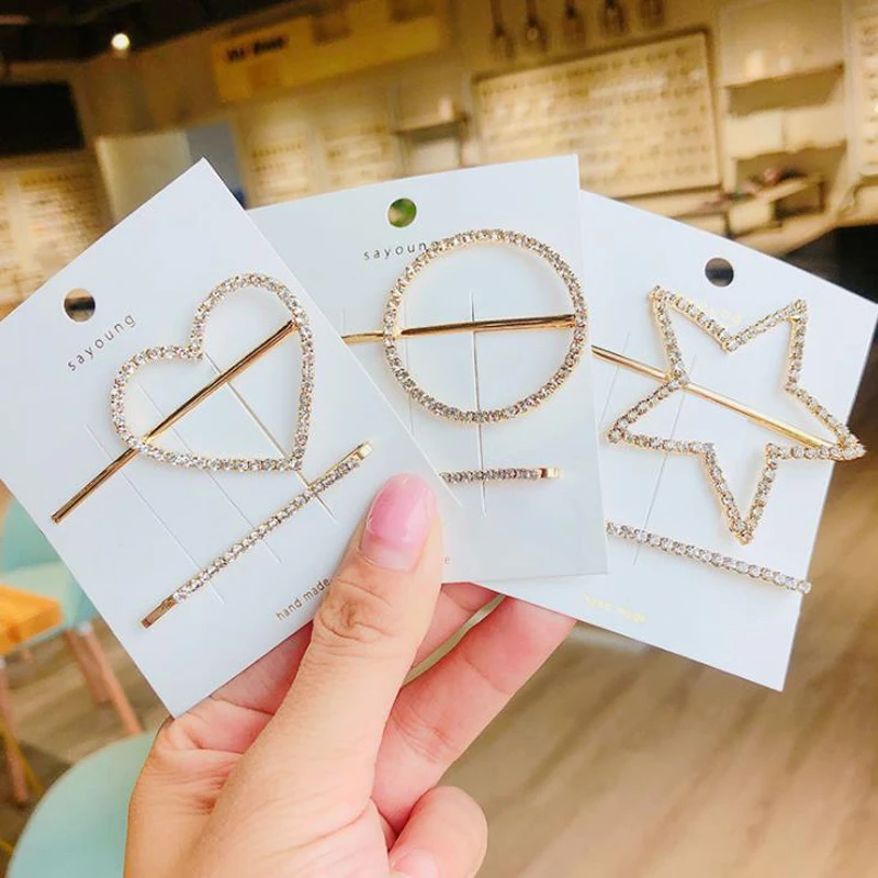 

2Pcs/Set Fashion Crystal Rhinestones Barrette For Women Hair Accessories Alloy Hair Clip Star Heart Round Shape Hairpin Headwear