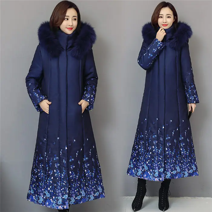 Big Fur Collar Blue Down Jacket Winter Fashion Stitching Print Hooded Coat Temperament Slim Thicken Warm Cotton Outerwears f1325