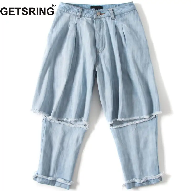 

GETSRING Woman Pant Irregular Hole High Waist Jeans Woman Asymmetry Plus Size Distressed Calf-Length Pants Denim Jeans 2019 Sexy