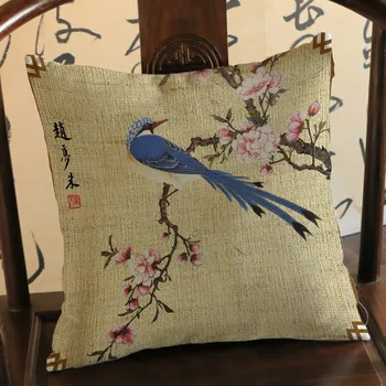 

Chinese Watercolor Flower and Bird Style Cushion Pillowcase Ink Painting Print Cotton Linen Home Decoration Sofa Throw Pillows