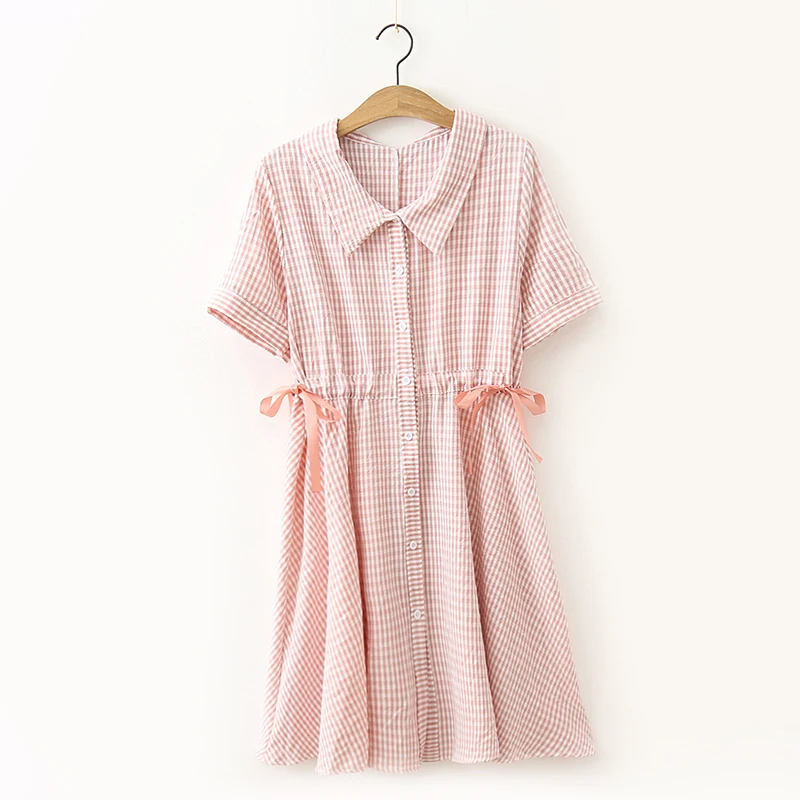 

Preppy style peter pan collar plaid waist bow elastic short sleeve dress