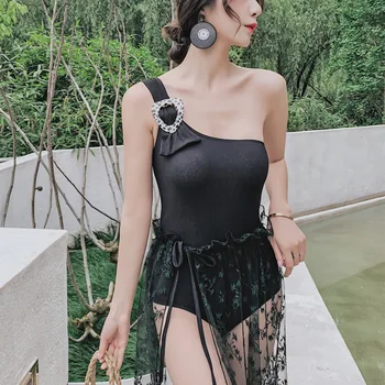 

Swimsuit One Piece Women Bikinis Female 2019 New Korean Aixin Buckled Black Lace Solid Polyester Sierra Surfer Swimwear For