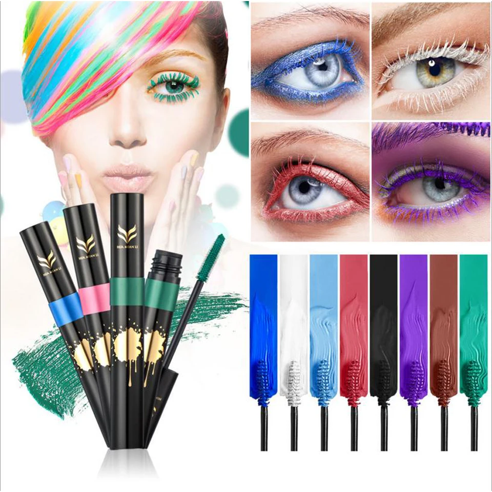 Huamianli Professional Eye Lashes 3d Fiber Mascara Waterproof Makeup Pigment Curling Red Blue
