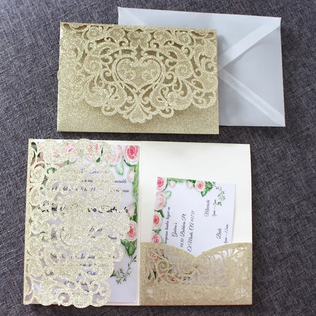 glitter gold wedding invitation cards transparent envelop holiday photo insert cards