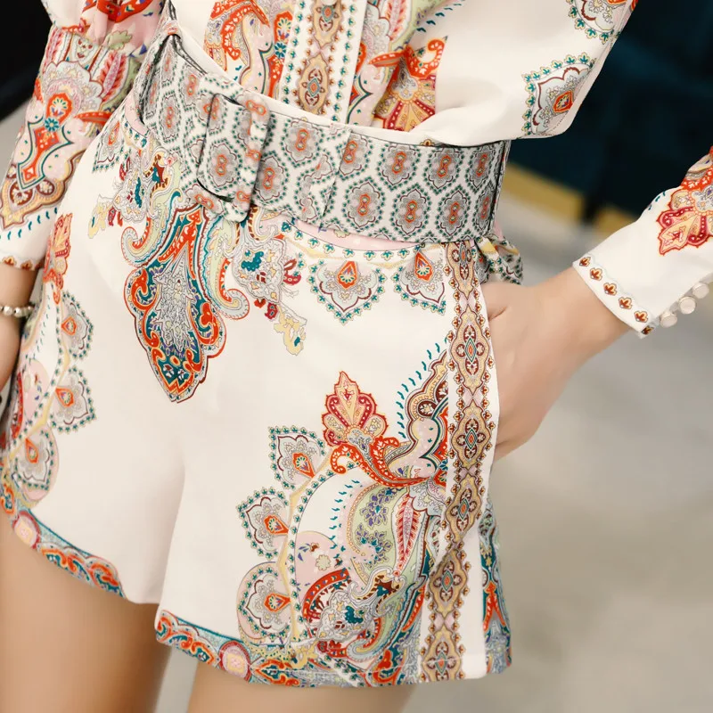 Runway Summer 2019 Designer Two Piece Set Women Bohemian Beach Single Breasted Print Tops Slim Waist Short Blouses + Shorts Suit (3)
