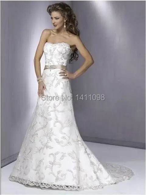 2014 New Sale Sexy Strapless Appliques Off the Shoulder Ribbon Waist Satin Floor-Length Court Train Wedding Dress Custom Made | Свадьбы и