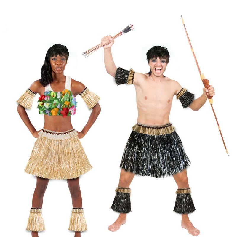 Disfraz de jungla africana para adulto, traje de baile Hawaiano salvaje mujer, falda Hula, ropa fiesta hawaiana, y negro vestido, 5 unids/set por Set|Decoraciones DIY de fiestas| - AliExpress
