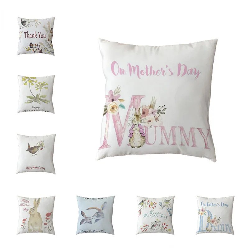 

Mother's Day Gift Cartoon Rabbit Cushion Cover Polyester Peach Skin Bird Flower Pattern Home Chair Sofa Decor Pillow Cases